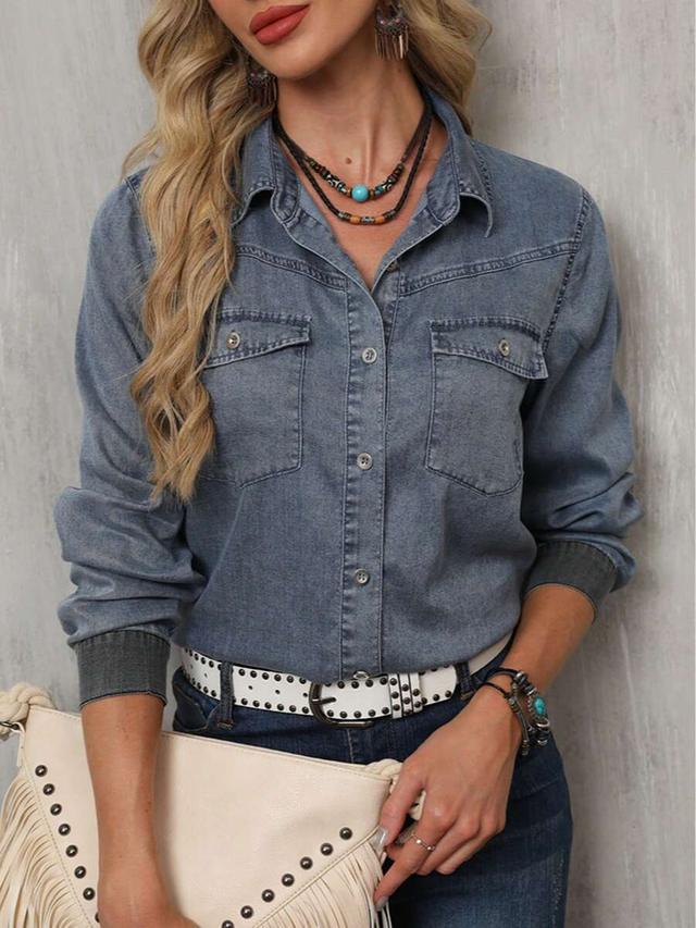 casual elegant denim long sleeve button up shirt