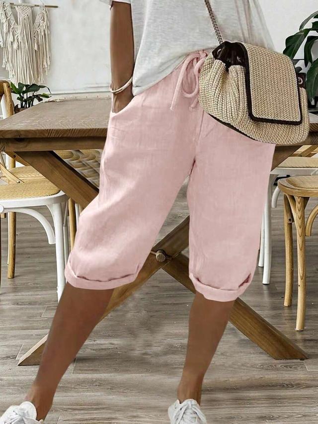 casual pink linen-like elastic waist shorts