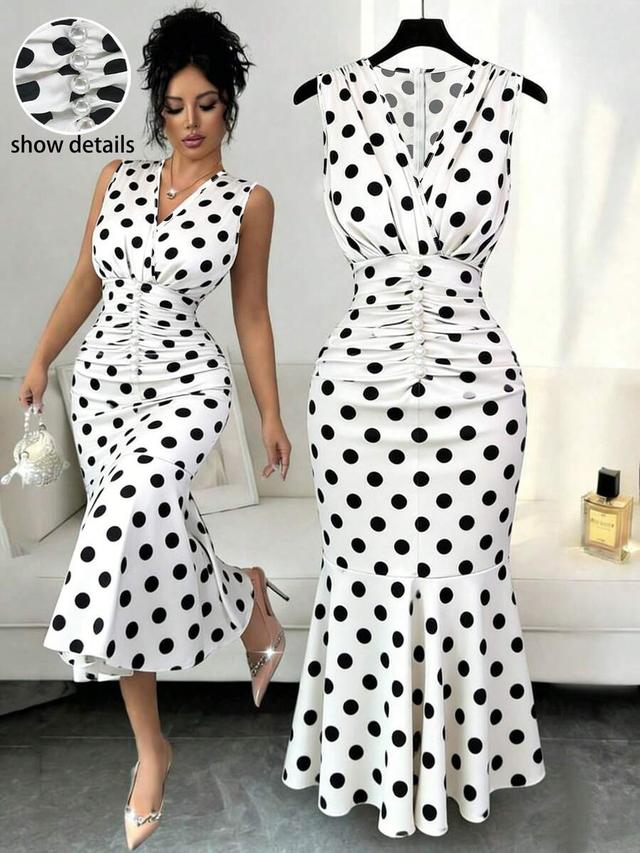 elegant white polka dot print fishtail midi dress