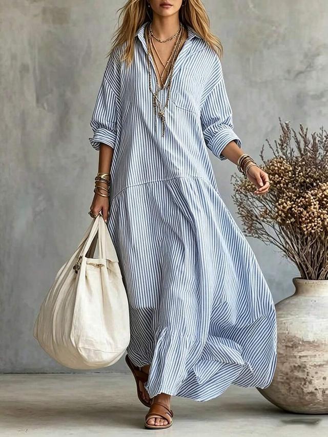 blue and white striped cotton shirt dress