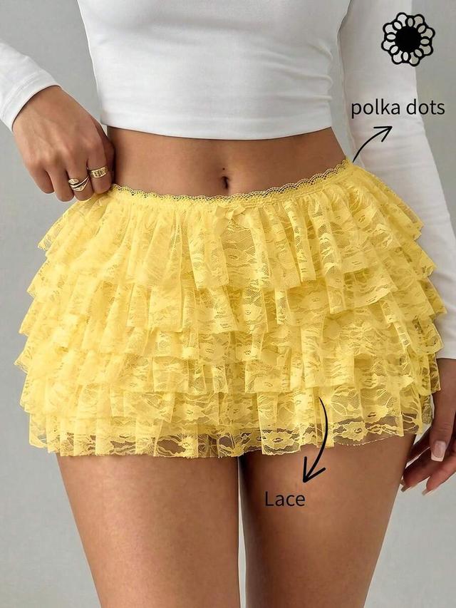 yellow lace layered ruffle hem low waist shorts