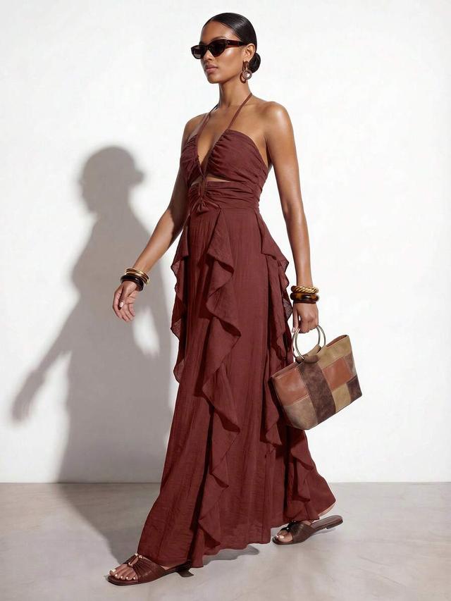 elegant bohemian coffee brown chiffon ruffle slip dress