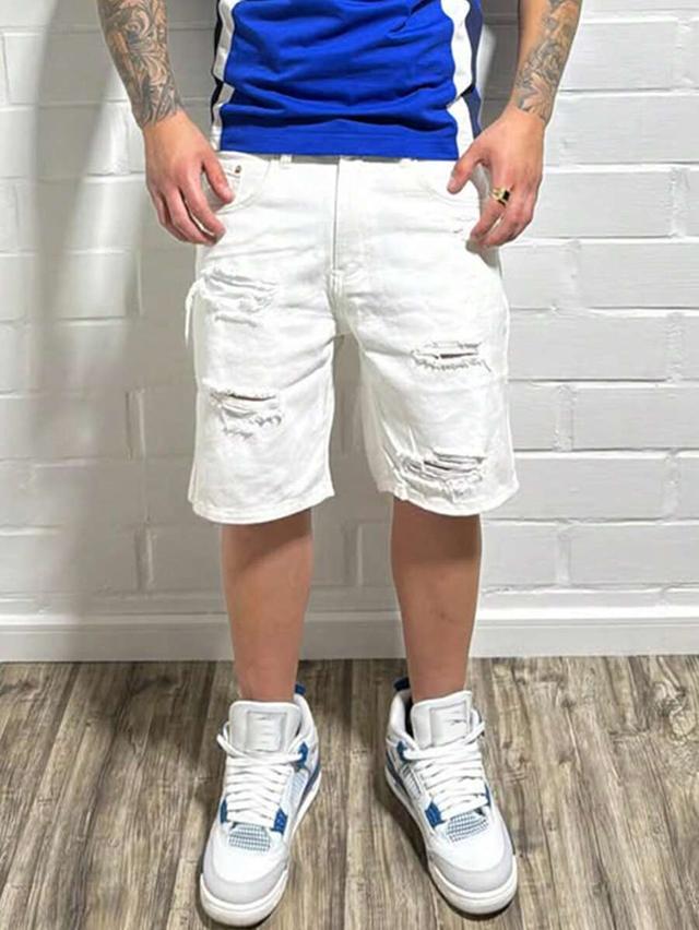 white ripped denim loose-fit casual shorts