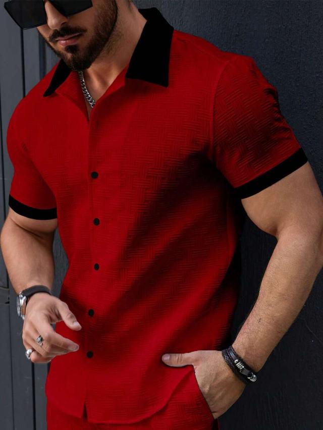 red textured short sleeve shirt with contrast trim
