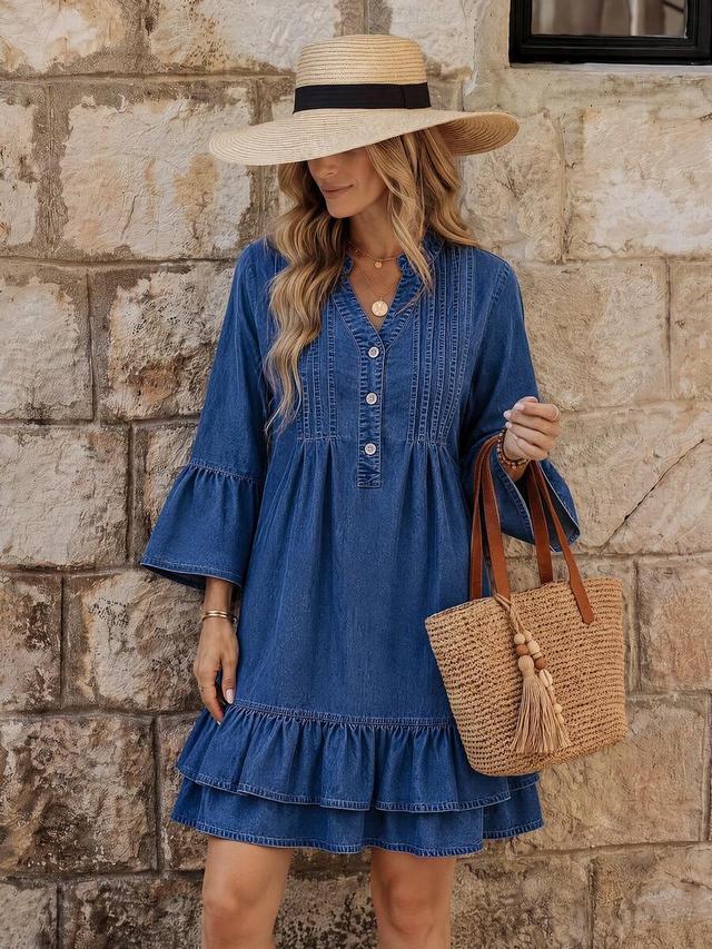 denim mini dress with pintuck details and ruffled hem
