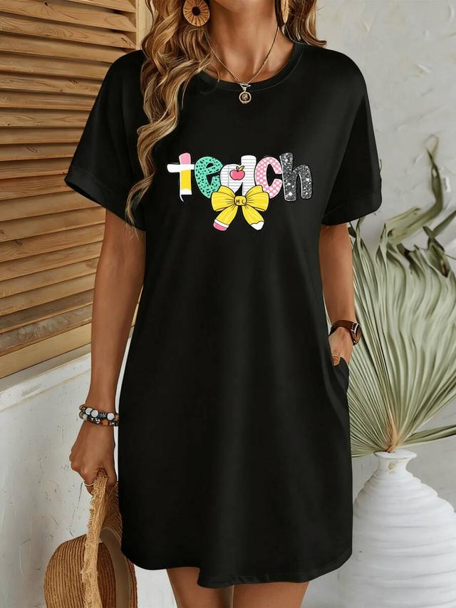 women teacher letter print pocket t-shirt dress
