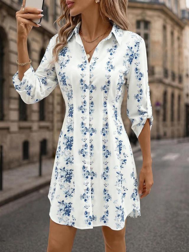 elegant french floral button waist cinched shirt dress