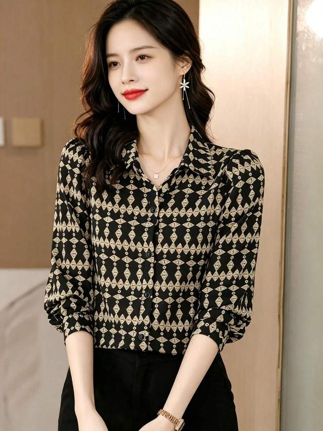 vintage geometric print collared long sleeve blouse