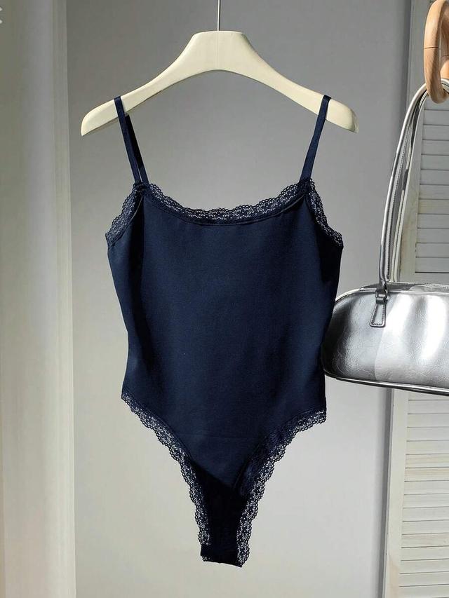 navy blue lace trim casual bodysuit