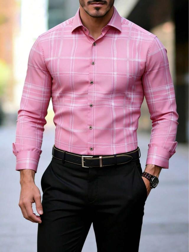men's casual pink plaid dress shirt