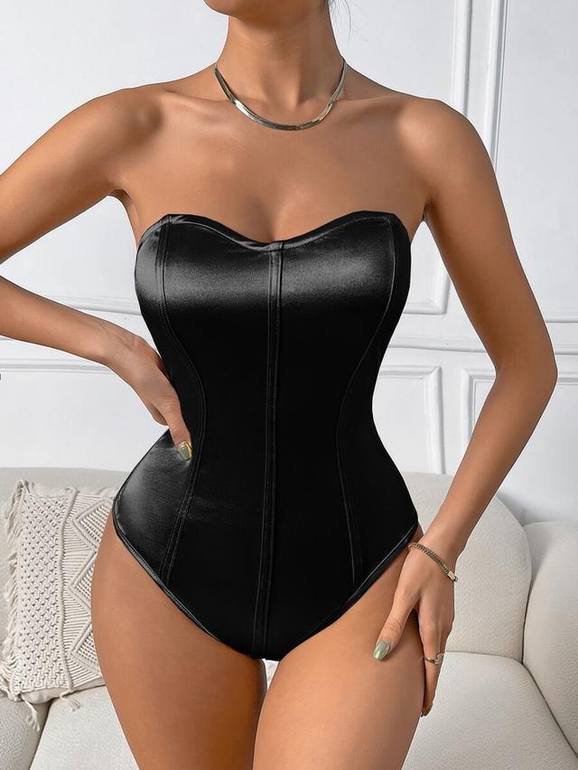 solid black satin tube corset bodysuit