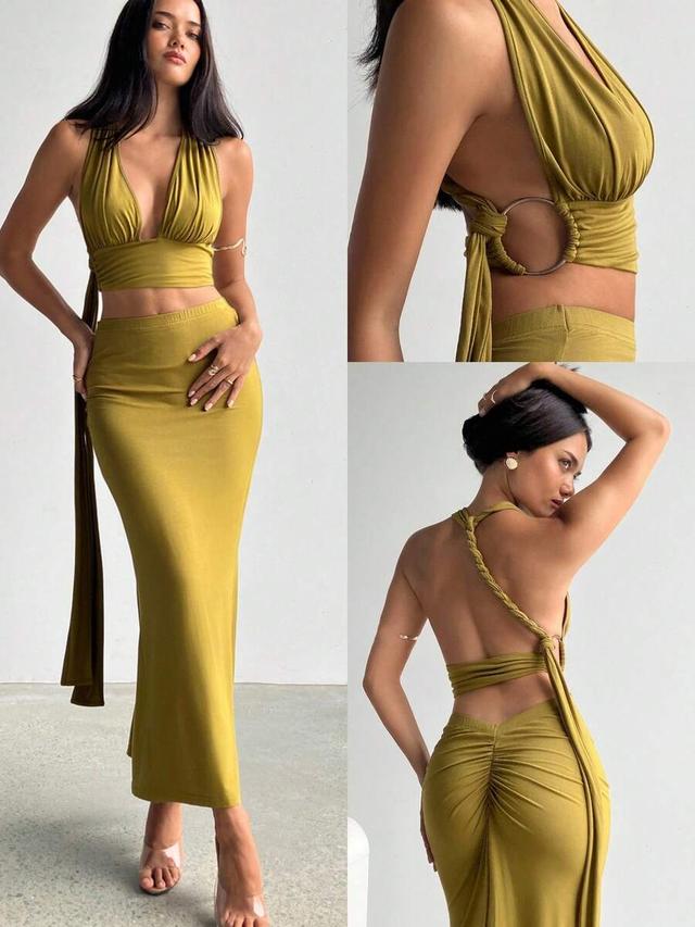 olive green ruched maxi skirt
