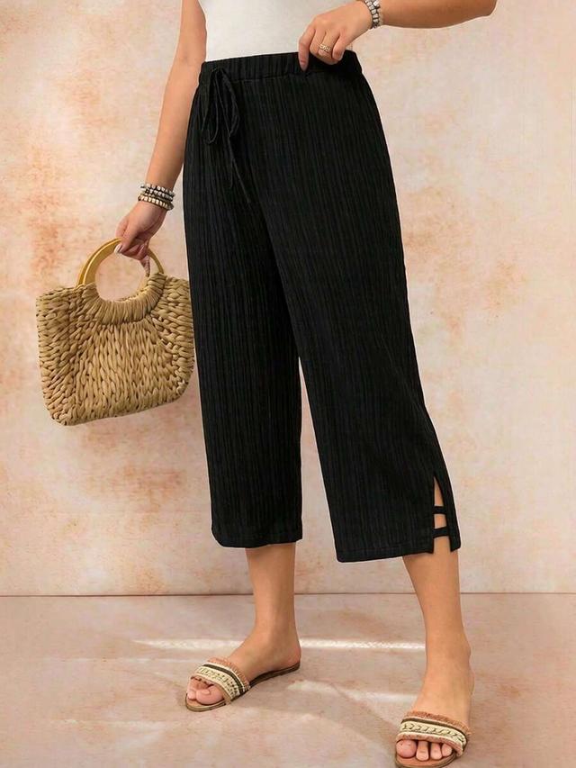 black textured high-waist drawstring wide-leg capri pants