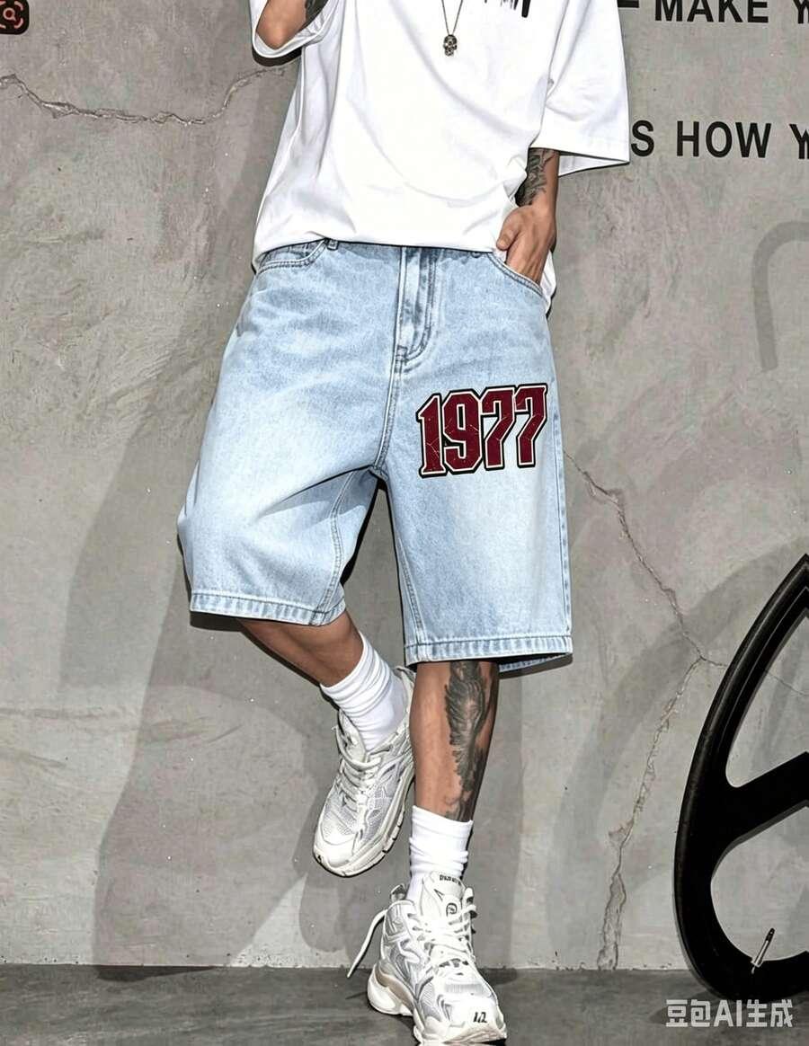 retro red 1977 varsity print light wash denim shorts