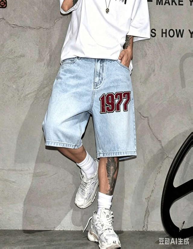 retro red 1977 varsity print light wash denim shorts