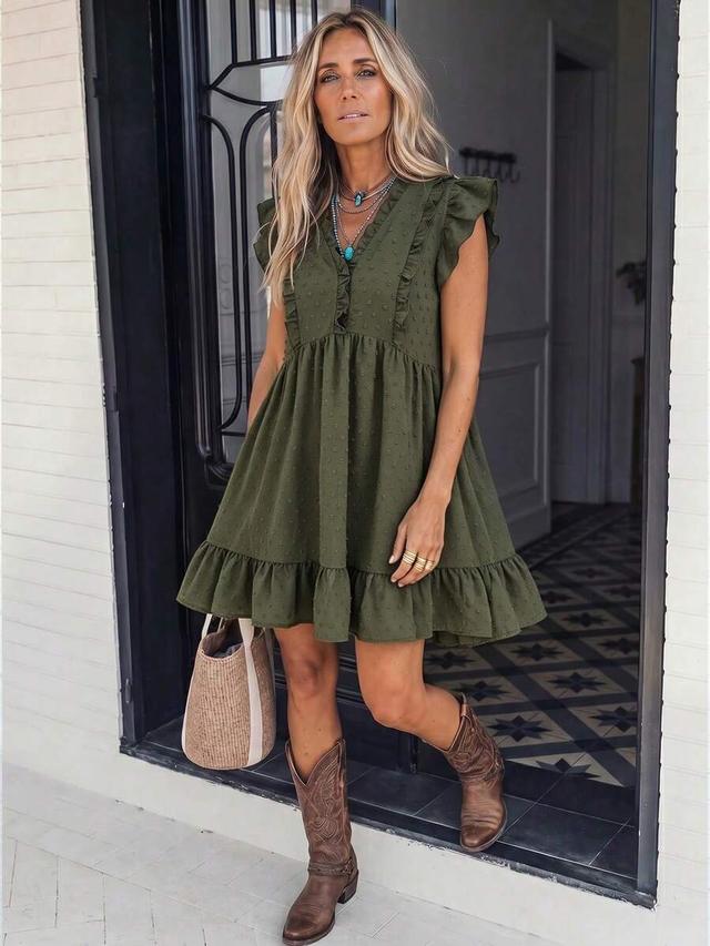 olive green textured jacquard ruffle trim flutter sleeve dress