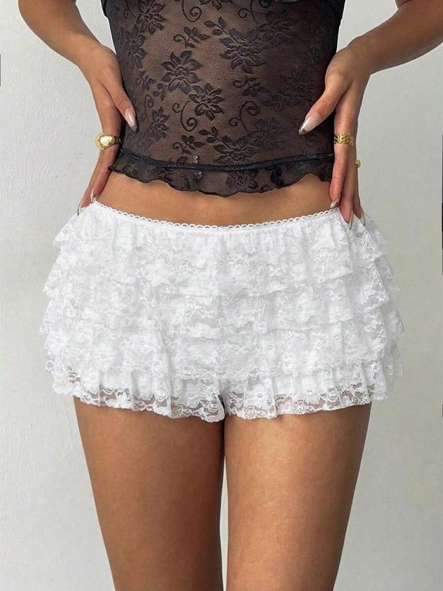white lace tiered ruffle ultra low waist shorts