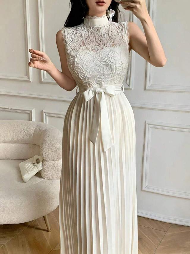 celisse white lace patchwork pleated elegant dress