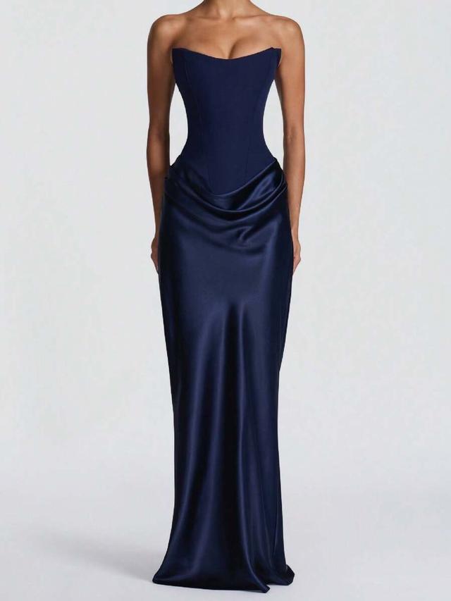 navy blue strapless corset midi dress with draped skirt