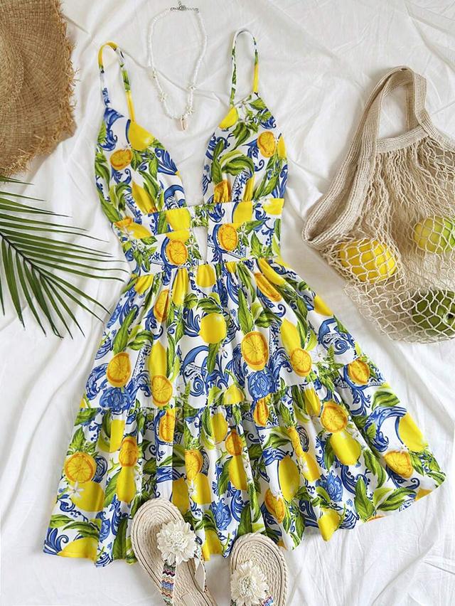 lemon print tiered cotton mini dress