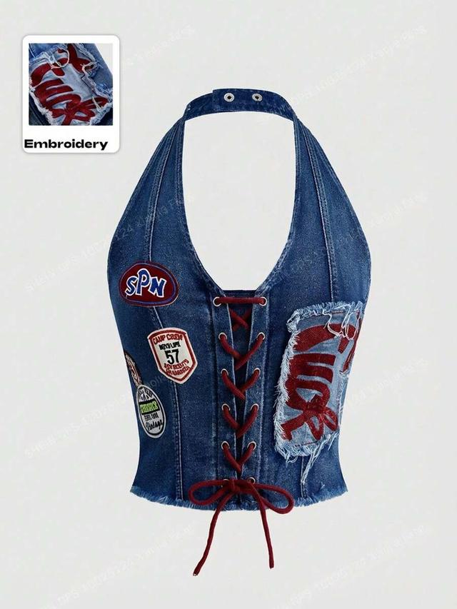 denim lace-up halter top with embroidered patches