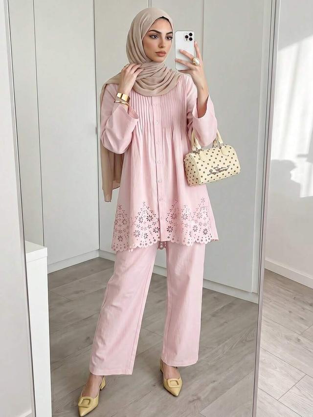 pink pleated button-down top and wide-leg pants set