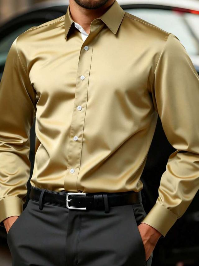 champagne gold glossy twill long sleeve dress shirt