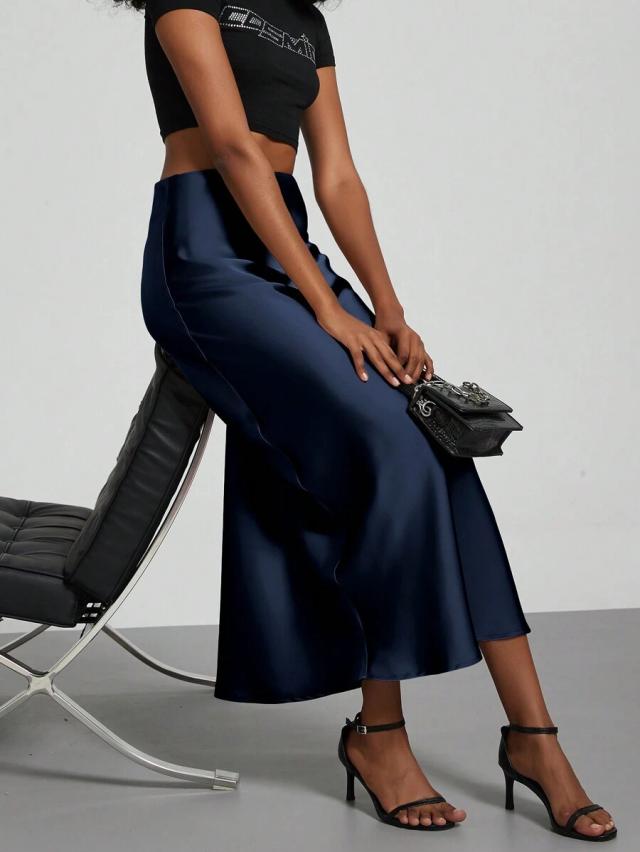 navy blue elastic waist satin finish maxi skirt