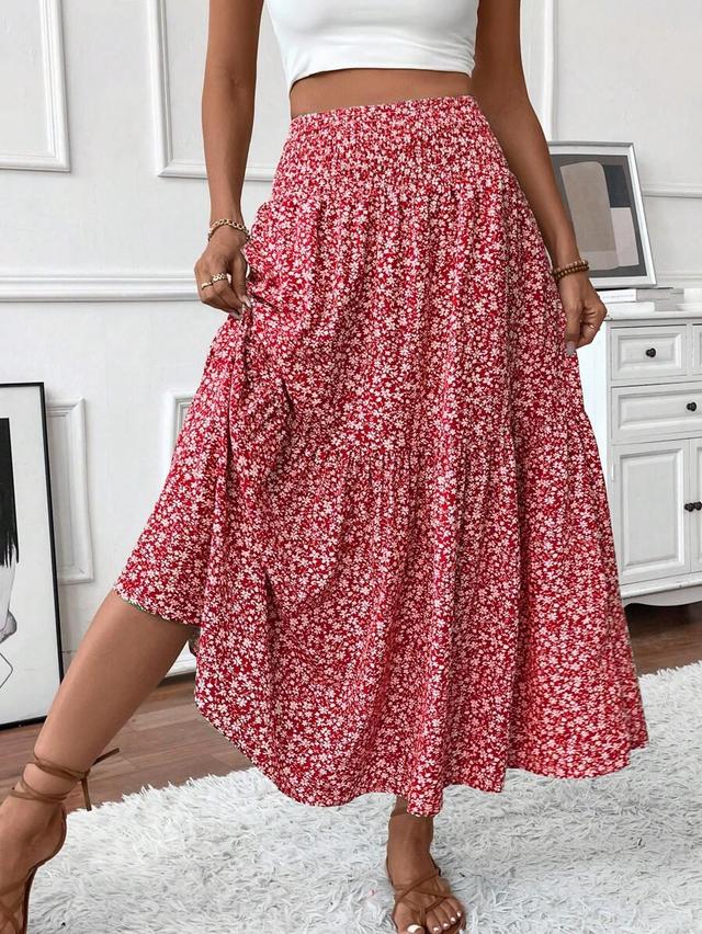 women's long ditsy floral ruffle hem a-line skirt