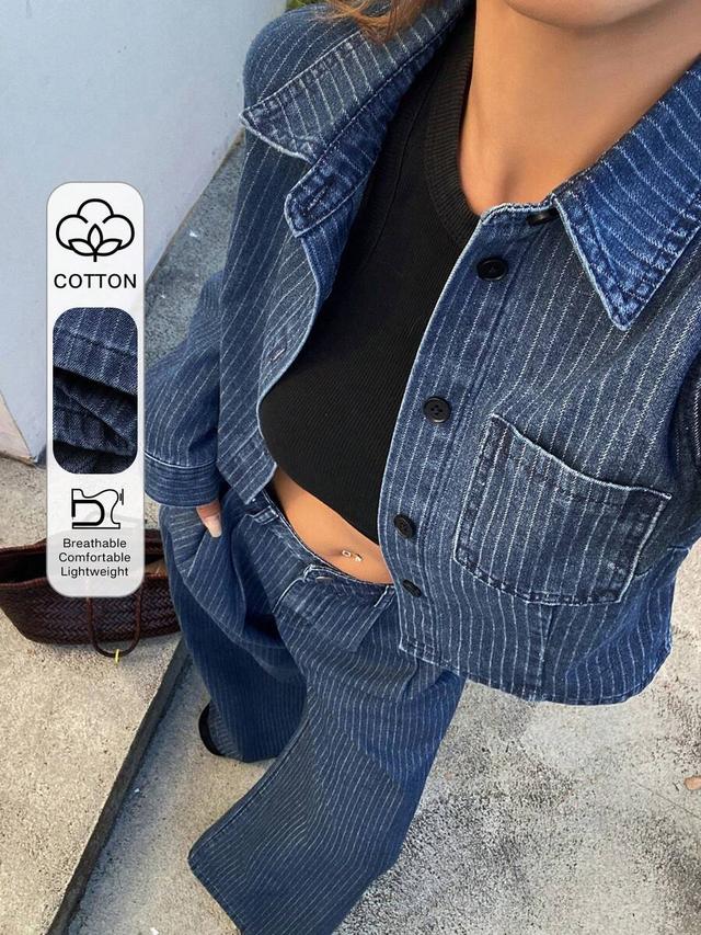 striped denim collared jacket and straight leg pants set