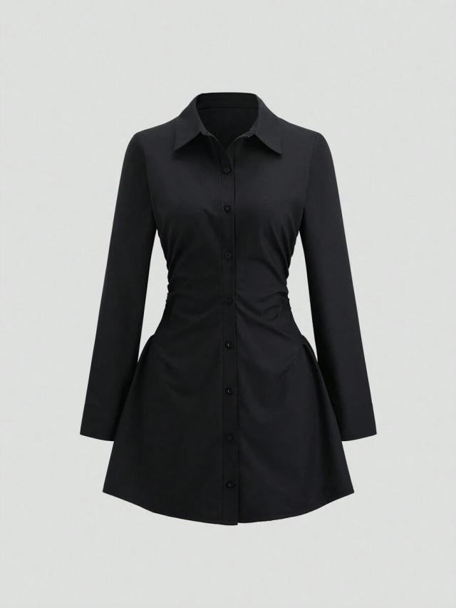 solid black ruched fitted shirt dress
