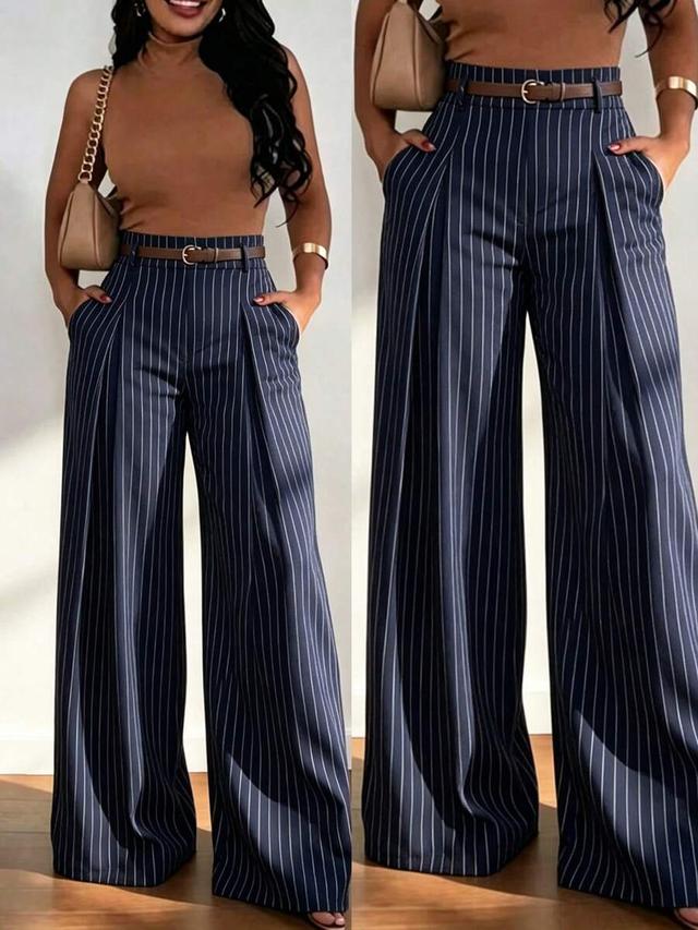 navy pinstripe high waist wide leg pleated trousers