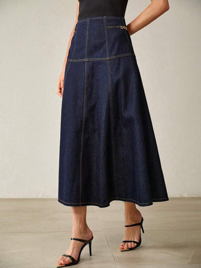 dark wash denim midi skirt with contrast stitching