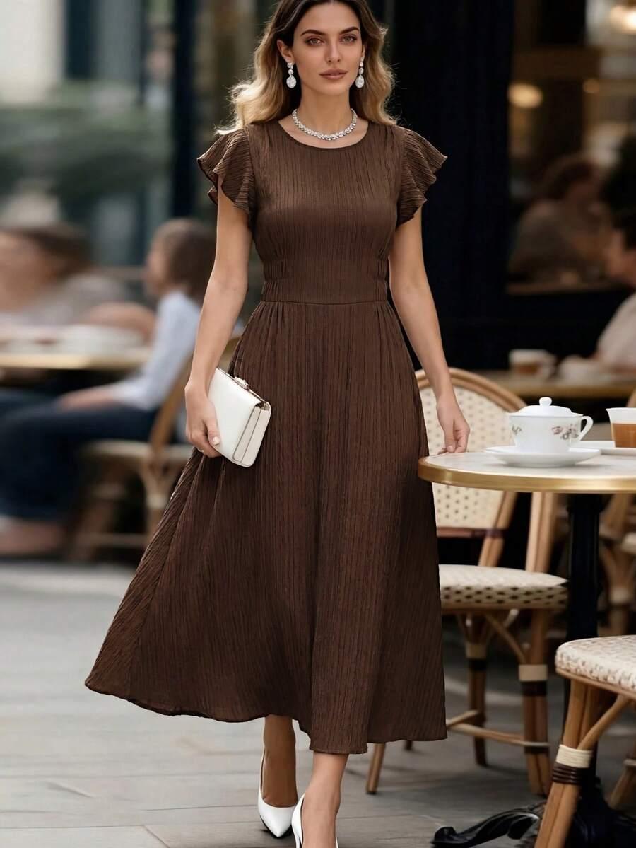 brown pleated midi dress with flutter sleeves