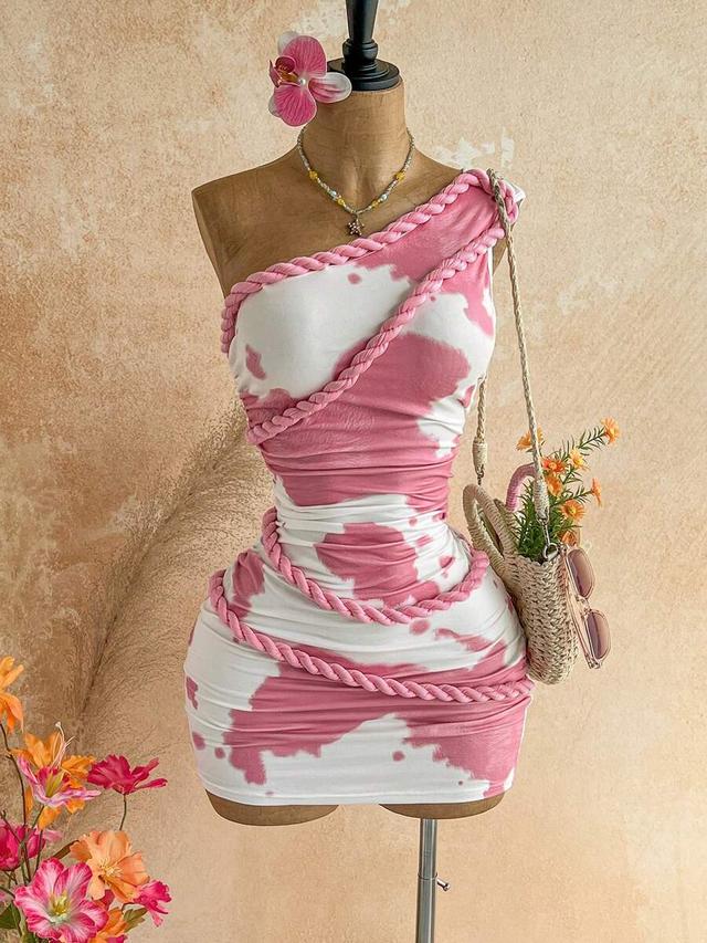 pink and white cow print one-shoulder ruched dress