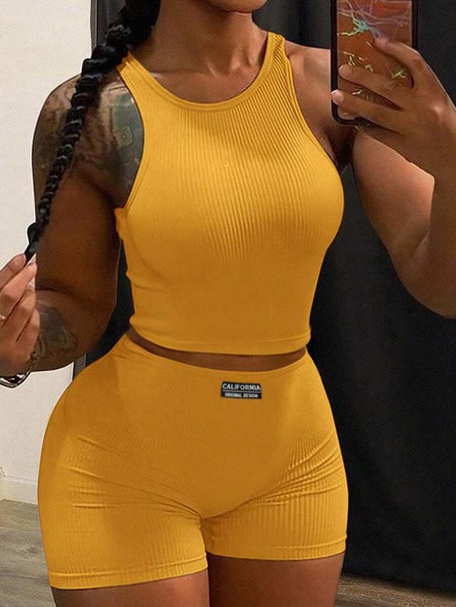 mustard ribbed knit sleeveless crop top and shorts set