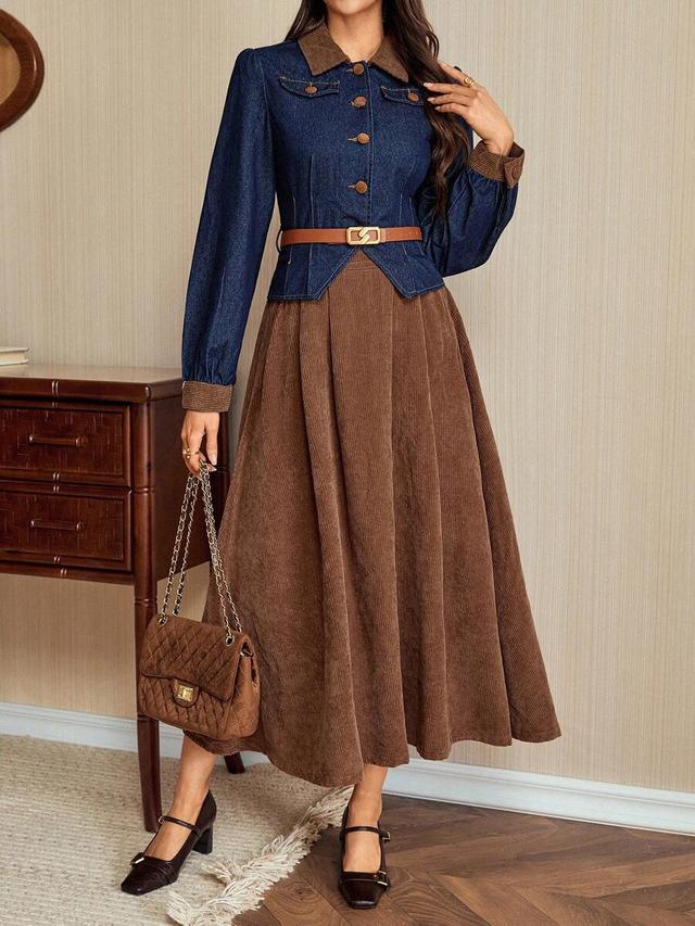 navy denim top and brown corduroy skirt set