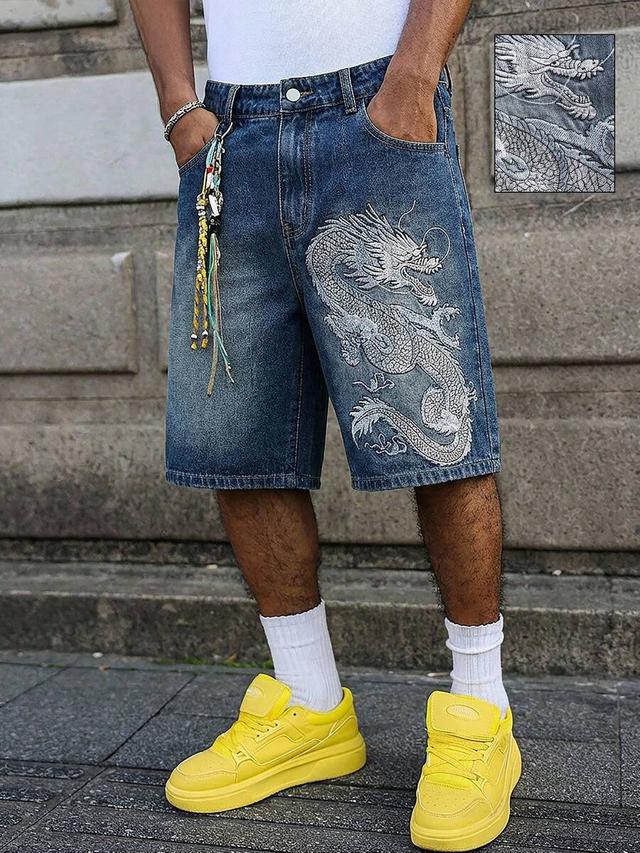 washed denim shorts with dragon embroidery