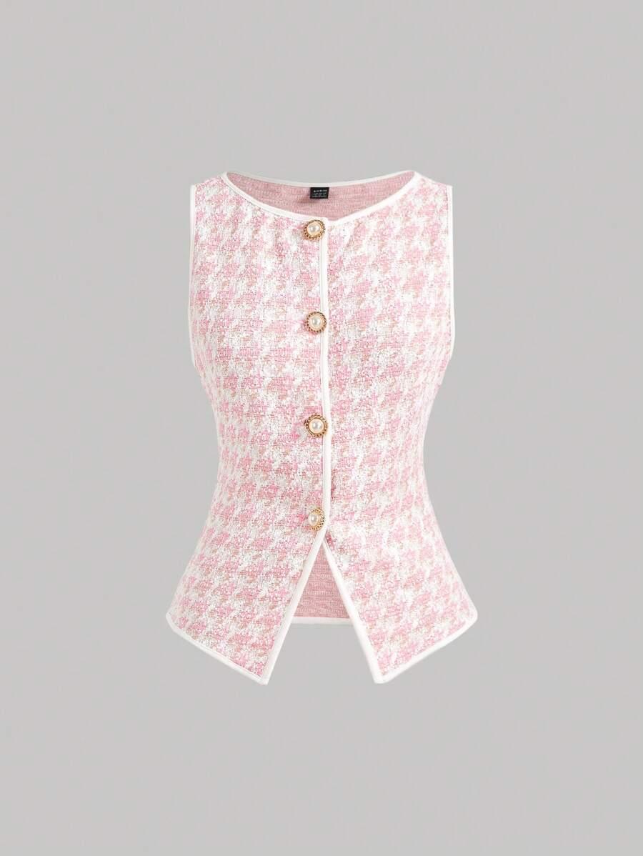 pink knitted houndstooth tank top with pearl buttons
