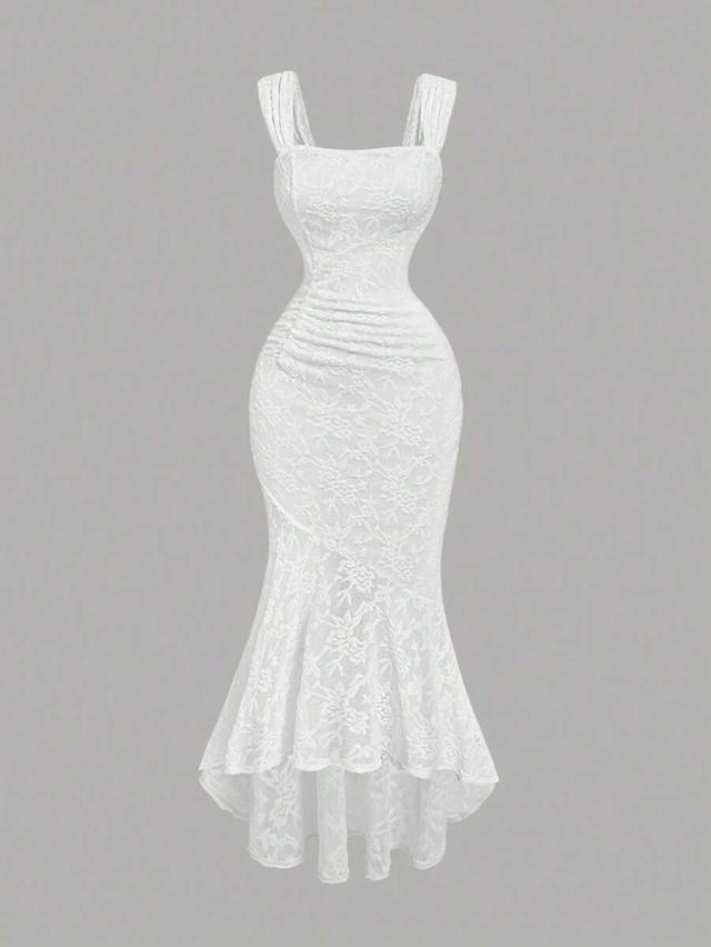 white sleeveless asymmetrical hem ruched lace cami dress