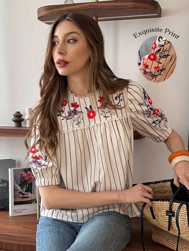 french striped embroidered puff sleeve blouse