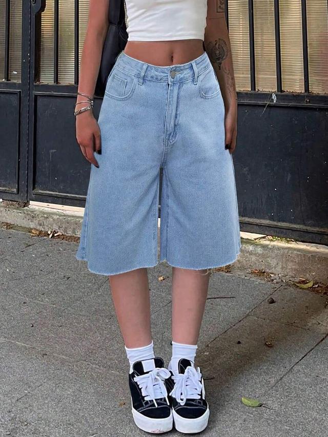 summer casual belted distressed wide leg denim shorts
