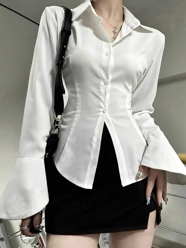 women white solid color long sleeve shirt with tie-back