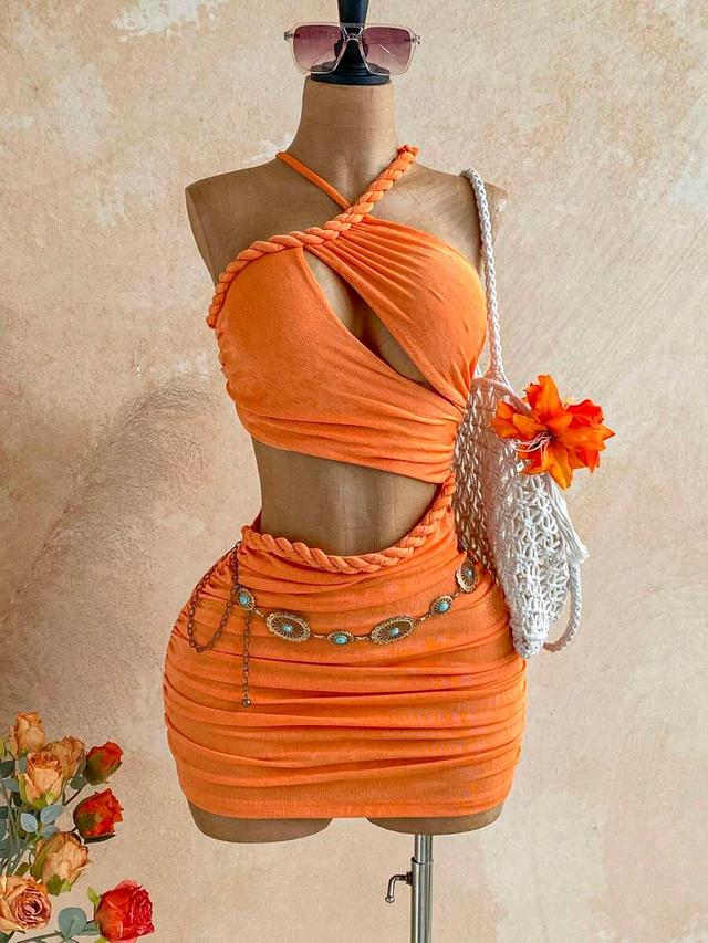 orange braided strap cut-out mini dress
