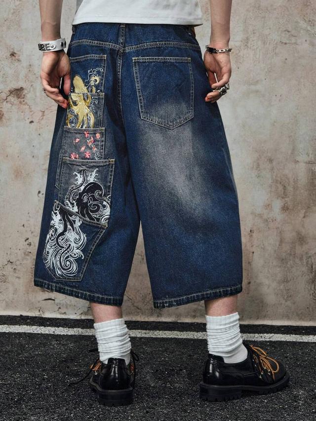 octopus embroidered multi-pocket denim shorts