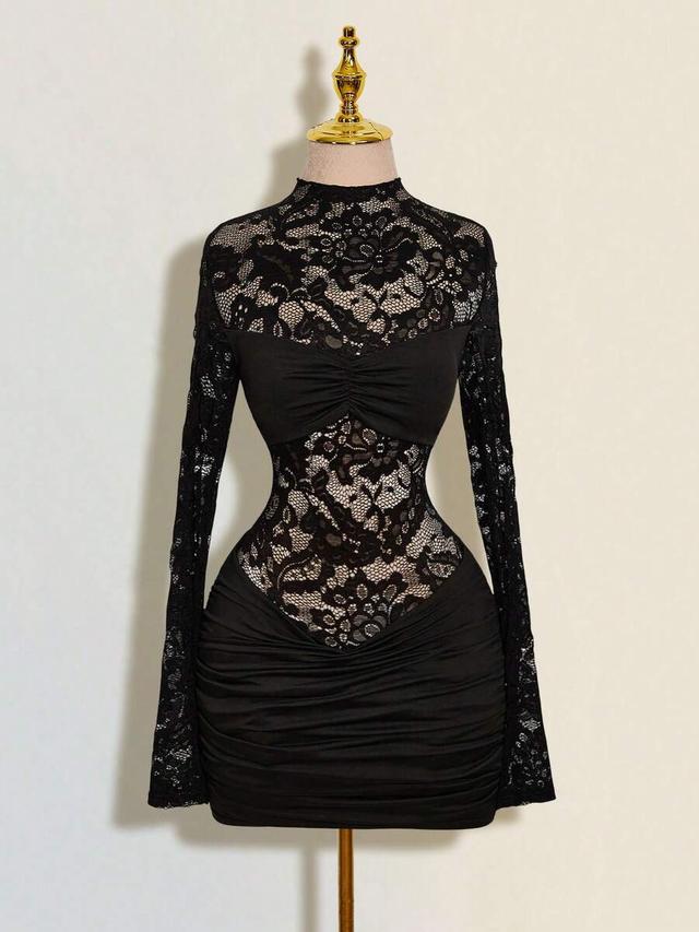 black lace patchwork sheer stand collar mini dress