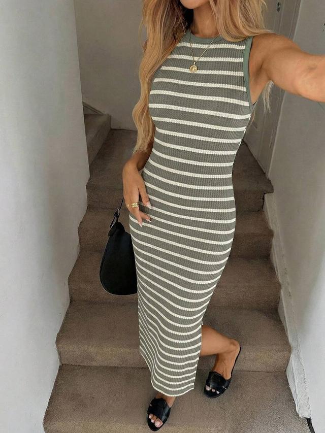 striped ribbed midi dress with side slit