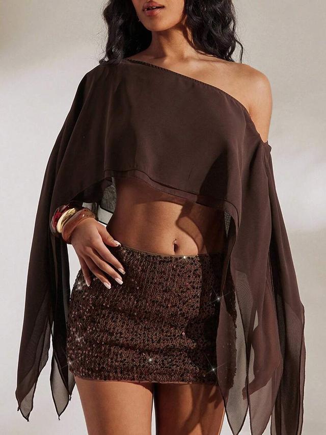 brown sequin asymmetric shoulder woven blouse