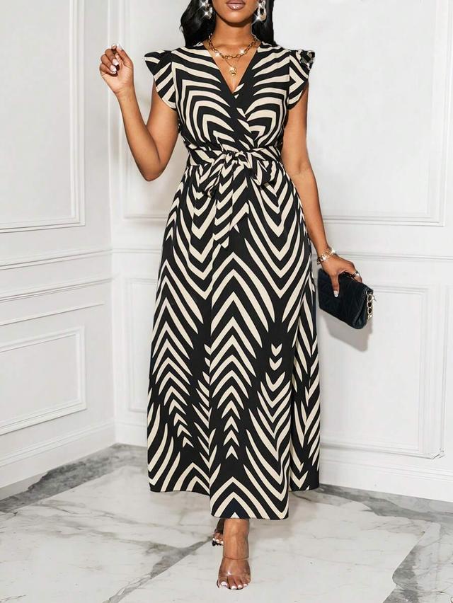 black and white chevron print wrap midi dress