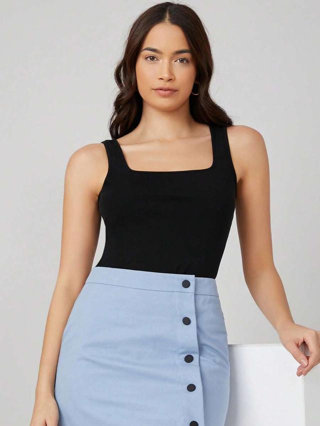square neck solid black cotton tank top